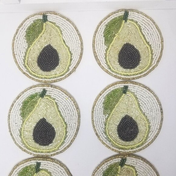 Coaster Set of 8 India Round 4.5" Seed Bead Beaded Pear Avocado Fruit Stackable - Picture 5 of 9